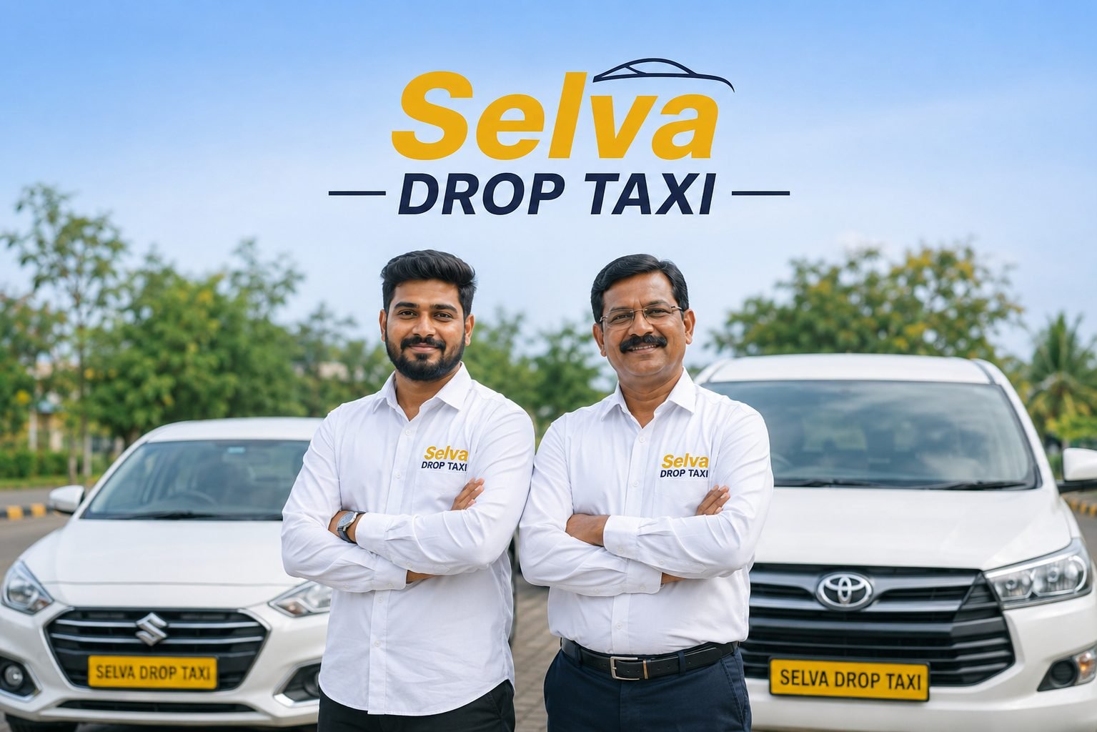 Selva Drop Taxi founders standing in front of the fleet